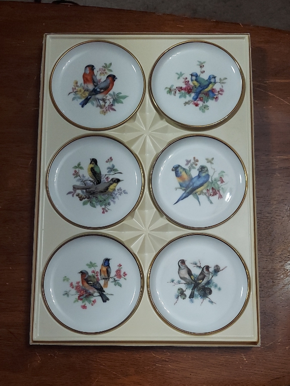 Vintage AK Kaiser West Germany Bird Motif Porcelain Coasters Set - White & Gold
